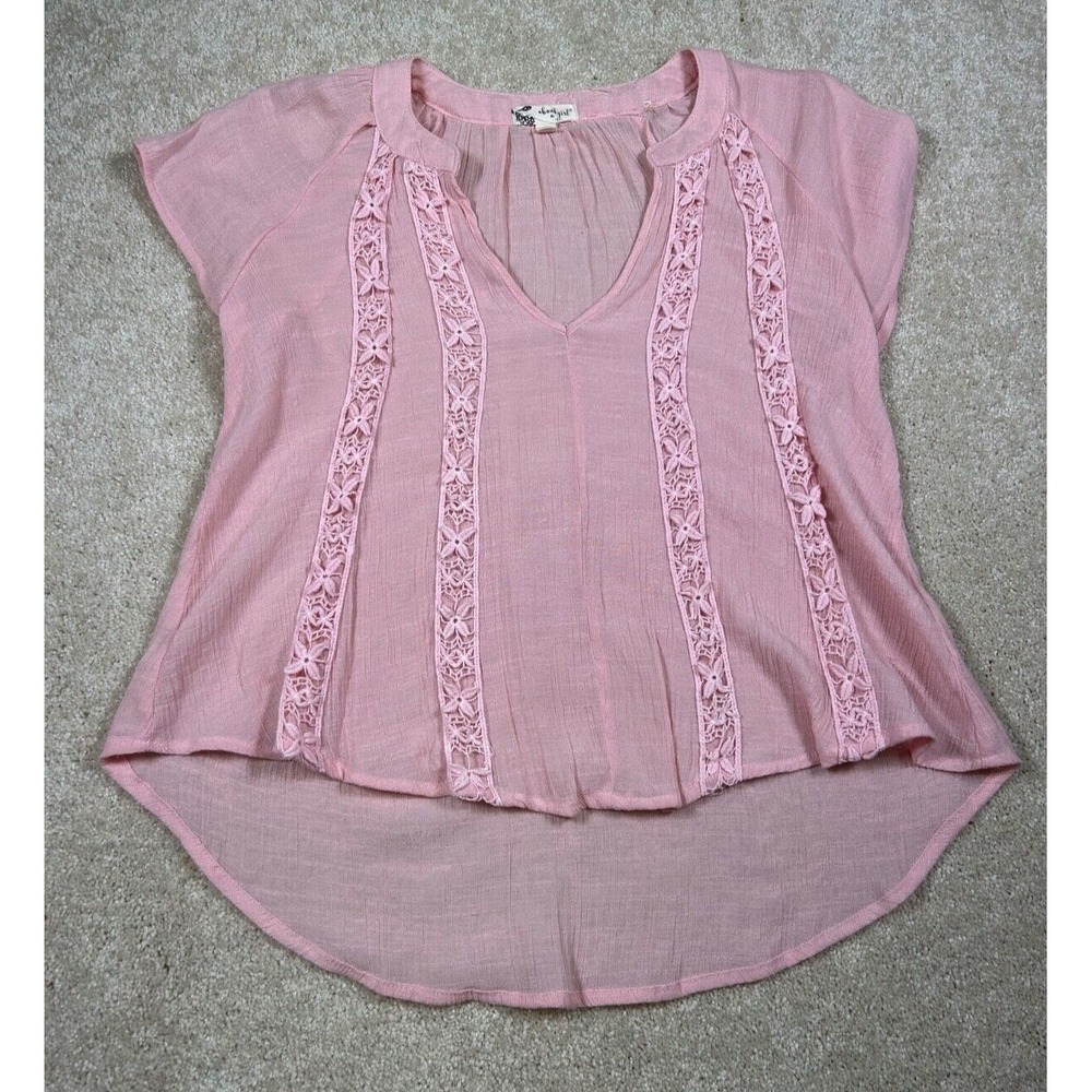 About A Girl Size Xs Powder Pink V Neck Short Sleeve Crochet Trim Tunic Coquette